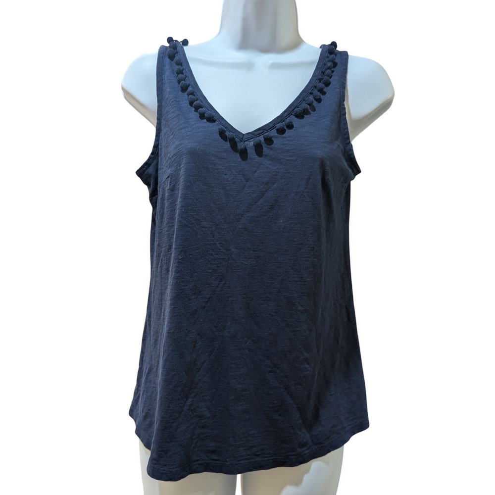 Lilly Pulitzer Navy Blue Gigi Pima Cotton Pom Pom Trim V-Neck Tank Top XS